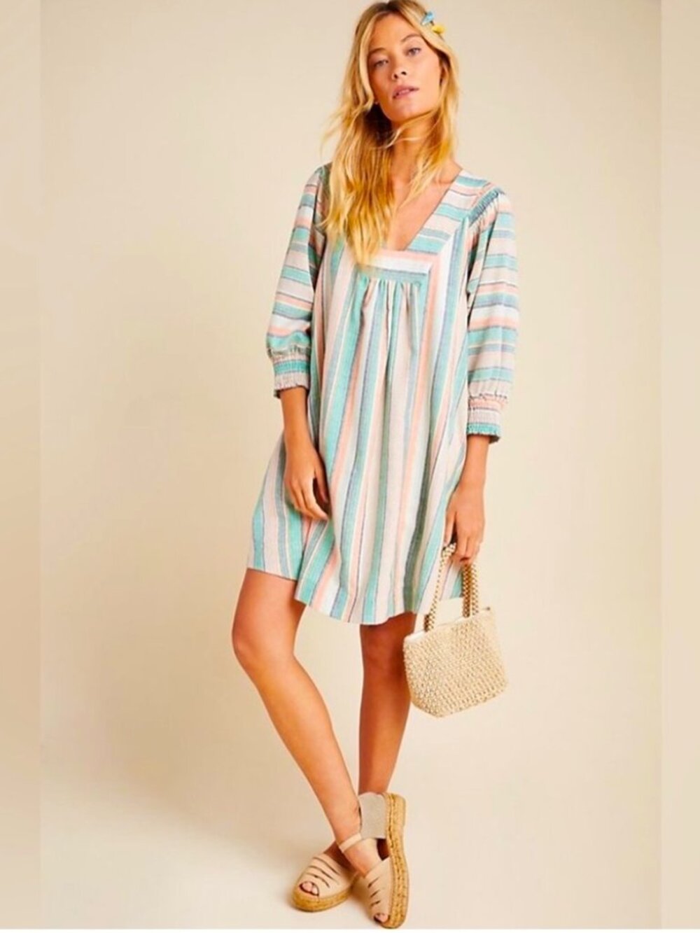 The Odell’s Striped Smocked Linen Dress - M
